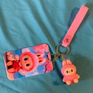 Pink Labubu ID Card Holder with Strap and Keychain